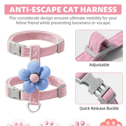Adjustable Cat Harness & Leash Set with Flower Design