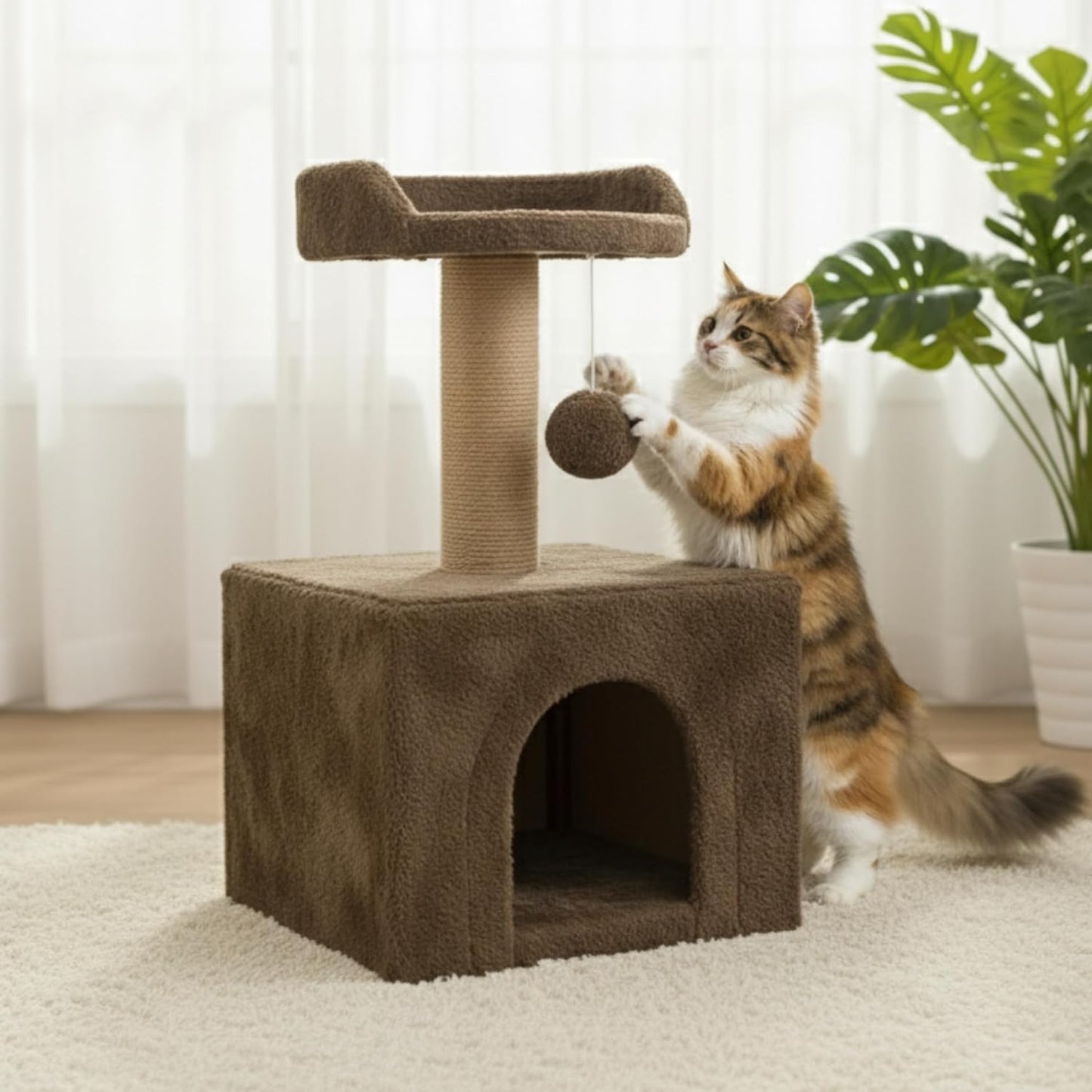 Cat Tree Condo with Scratching Post & Hanging Ball Toy
